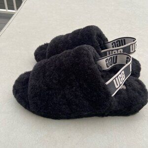 UGG Fluff Yeah Slide Slippers Black Logo Elastic Strap Plush Sandals - Woman's 8